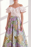 Off the Shoulder Ruffle Blue Purple Flower Mother of the Bride Dress with Sash