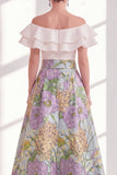 Off the Shoulder Ruffle Blue Purple Flower Mother of the Bride Dress with Sash