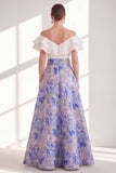 Off the Shoulder Ruffle Blue Purple Flower Mother of the Bride Dress with Sash
