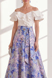 Off the Shoulder Ruffle Blue Purple Flower Mother of the Bride Dress with Sash
