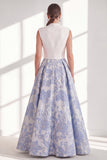 Blue Jacquard Long Mother of the Bride Dress with Sash