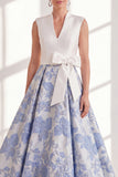 Blue Jacquard Long Mother of the Bride Dress with Sash