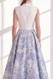 Blue Jacquard Long Mother of the Bride Dress with Sash
