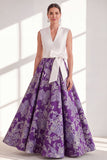 Blue Jacquard Long Mother of the Bride Dress with Sash