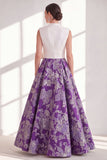 Blue Jacquard Long Mother of the Bride Dress with Sash