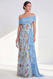 Green Embroidered Off the Shoulder Mother of the Bride Dress with Side Streamer