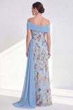 Green Embroidered Off the Shoulder Mother of the Bride Dress with Side Streamer
