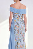 Green Embroidered Off the Shoulder Mother of the Bride Dress with Side Streamer
