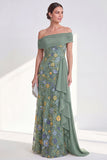 Green Embroidered Off the Shoulder Mother of the Bride Dress with Side Streamer