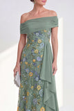 Green Embroidered Off the Shoulder Mother of the Bride Dress with Side Streamer