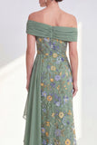 Green Embroidered Off the Shoulder Mother of the Bride Dress with Side Streamer