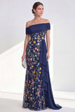 Green Embroidered Off the Shoulder Mother of the Bride Dress with Side Streamer