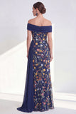 Green Embroidered Off the Shoulder Mother of the Bride Dress with Side Streamer