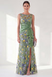 Grey Purple Floral Embroidered Mother of the Bride Dress with Slit