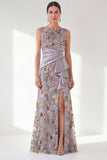 Grey Purple Floral Embroidered Mother of the Bride Dress with Slit