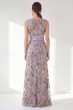 Grey Purple Floral Embroidered Mother of the Bride Dress with Slit