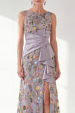Grey Purple Floral Embroidered Mother of the Bride Dress with Slit