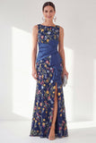 Grey Purple Floral Embroidered Mother of the Bride Dress with Slit