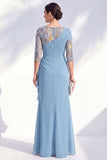 Blue Applique Chiffon Mother of the Bride Dress with Side Streamer