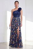 One Shoulder Sequin Embroidered Navy Mother of the Bride Dress with Slit