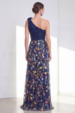 One Shoulder Sequin Embroidered Navy Mother of the Bride Dress with Slit