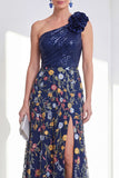 One Shoulder Sequin Embroidered Navy Mother of the Bride Dress with Slit