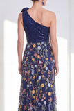 One Shoulder Sequin Embroidered Navy Mother of the Bride Dress with Slit