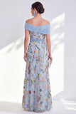 Off the Shoulder Floral Embroidered Green Mother of the Bride Dress