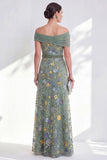 Off the Shoulder Floral Embroidered Green Mother of the Bride Dress