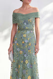 Off the Shoulder Floral Embroidered Green Mother of the Bride Dress