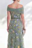 Off the Shoulder Floral Embroidered Green Mother of the Bride Dress