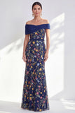 Off the Shoulder Floral Embroidered Green Mother of the Bride Dress