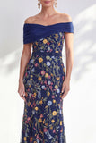 Off the Shoulder Floral Embroidered Green Mother of the Bride Dress