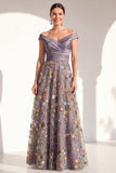 Blush Floral Embroidered Off the Shoulder A Line Mother of the Bride Dress