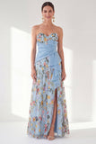 Sweetheart Blue Floral Mother of the Bride Dress with Slit