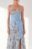 Sweetheart Blue Floral Mother of the Bride Dress with Slit