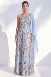 Navy One Shoulder Floral Mother of the Bride Dress with Cape Sleeve