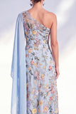 Navy One Shoulder Floral Mother of the Bride Dress with Cape Sleeve