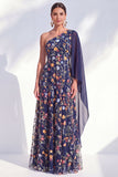 Navy One Shoulder Floral Mother of the Bride Dress with Cape Sleeve