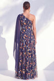 Navy One Shoulder Floral Mother of the Bride Dress with Cape Sleeve