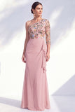 Grey Purple Floral One Shoulder Mother of the Bride Dress