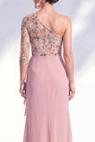 Grey Purple Floral One Shoulder Mother of the Bride Dress