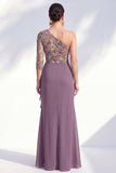 Grey Purple Floral One Shoulder Mother of the Bride Dress