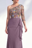 Grey Purple Floral One Shoulder Mother of the Bride Dress