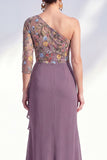Grey Purple Floral One Shoulder Mother of the Bride Dress