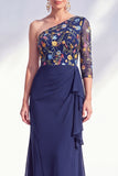 Grey Purple Floral One Shoulder Mother of the Bride Dress