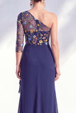 Grey Purple Floral One Shoulder Mother of the Bride Dress