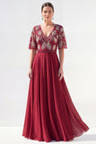 Green Beaded V-Neck Chiffon Mother of the Bride Dress