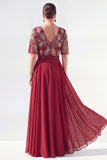 Green Beaded V-Neck Chiffon Mother of the Bride Dress