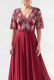 Green Beaded V-Neck Chiffon Mother of the Bride Dress